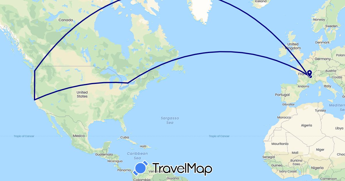 TravelMap itinerary: driving in Canada, France, United States (Europe, North America)